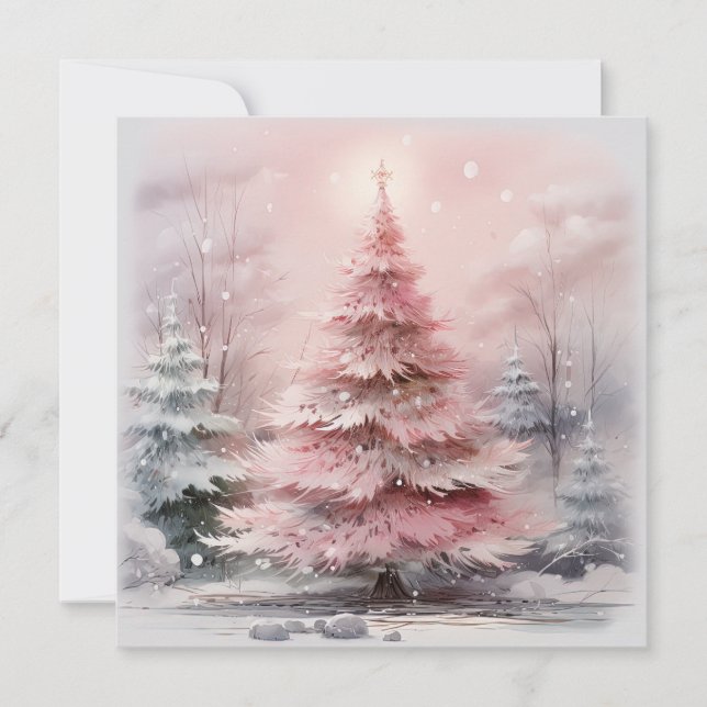 Watercolor Pink Weihnachtsbaum Szene Mitteilungskarte (Vorderseite)