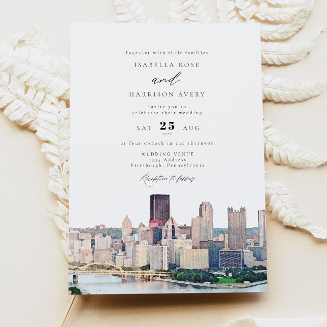 Watercolor Pittsburgh Pennsylvania Skyline Wedding Einladung (Von Creator hochgeladen)