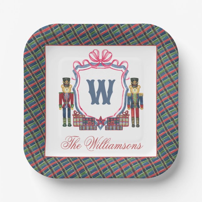 Watercolor Plaid Nutcracker Bear Monogram Crest Pappteller (Vorderseite)