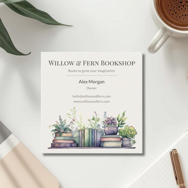 Watercolor Plant and Book Design Quadratische Visitenkarte (Von Creator hochgeladen)