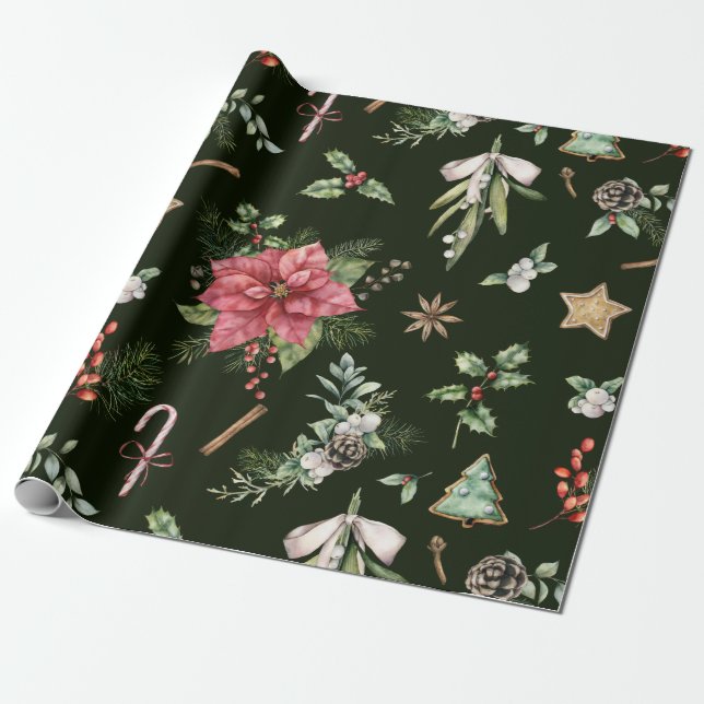 Watercolor Poinsetta Weihnachtsmuster Geschenkpapier (Ungerollt)