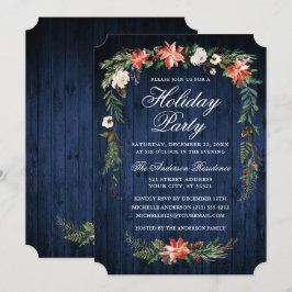 Watercolor Poinsettia Blue Woliday Party Einladung