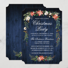 Watercolor Poinsettia Blue Wood Christmas Party Einladung