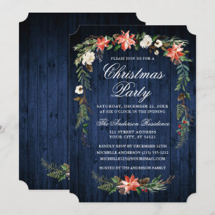 Watercolor Poinsettia Blue Wood Christmas Party Einladung
