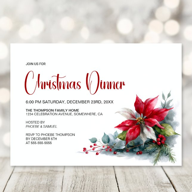 Watercolor Poinsettia Christmas Dinner Party Einladung (Von Creator hochgeladen)