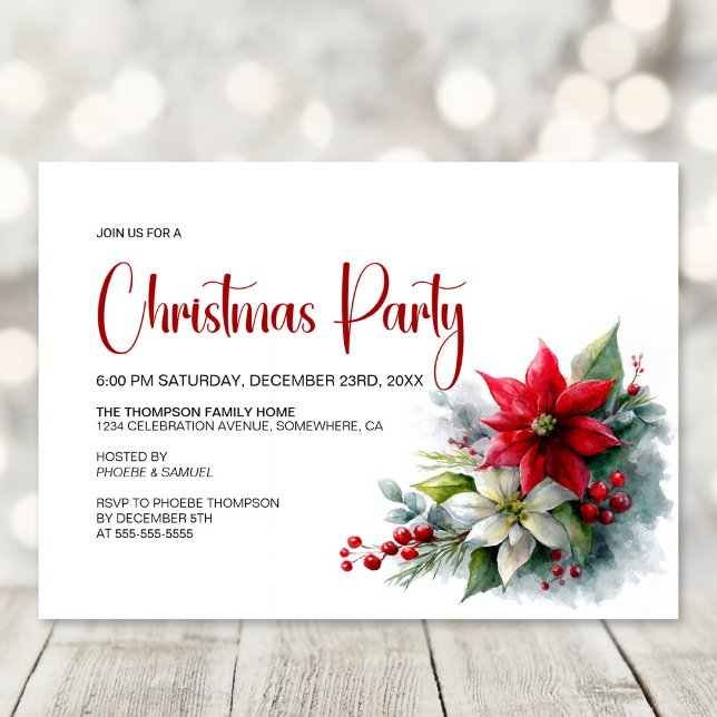 Watercolor Poinsettia Christmas Party Einladung (Von Creator hochgeladen)