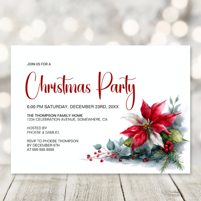 Watercolor Poinsettia Christmas Party Einladung (Von Creator hochgeladen)