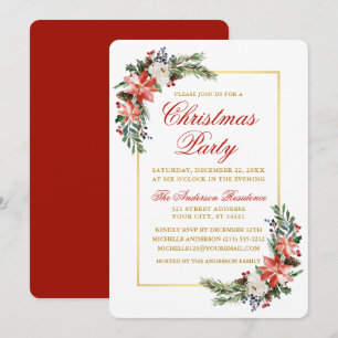 Watercolor Poinsettia Christmas Party Gold Rot Einladung