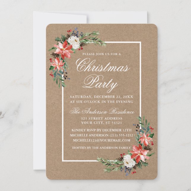 Watercolor Poinsettia Christmas Party Kraft Einladung (Vorderseite)