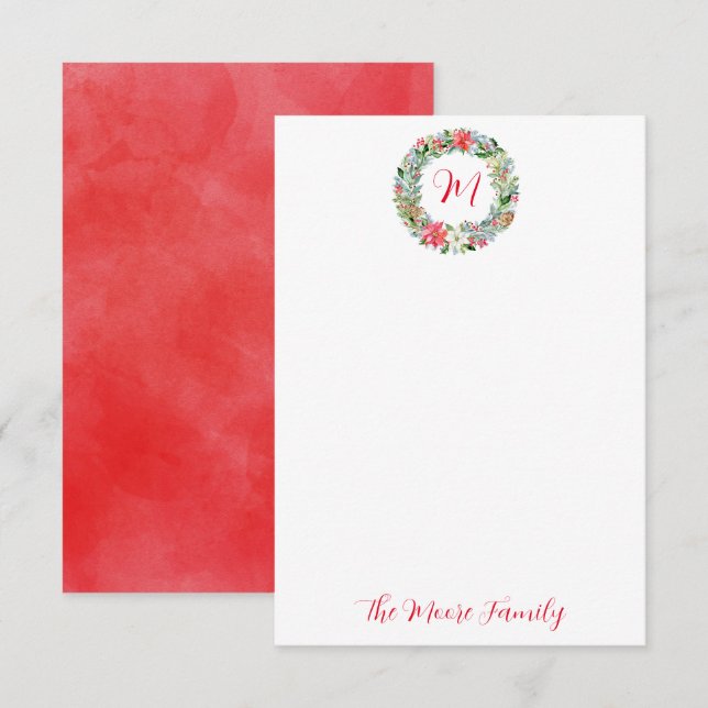 Watercolor Poinsettia Christmas Wreath Monogram Dankeskarte (Vorne/Hinten)
