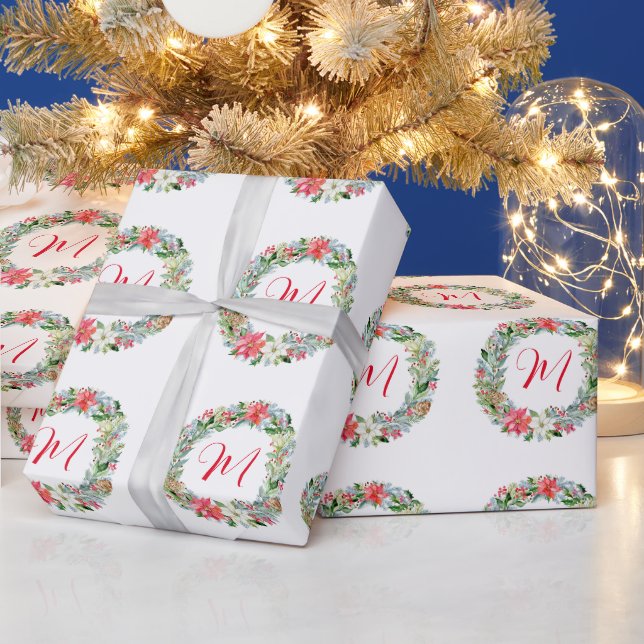 Watercolor Poinsettia Christmas Wreath Monogram Geschenkpapier (Feiertage)