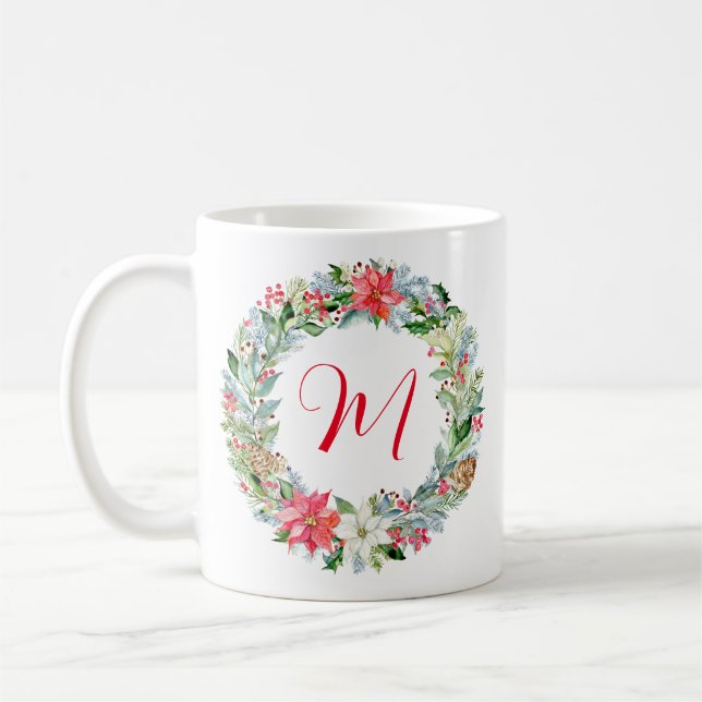 Watercolor Poinsettia Christmas Wreath Monogram Kaffeetasse (Links)