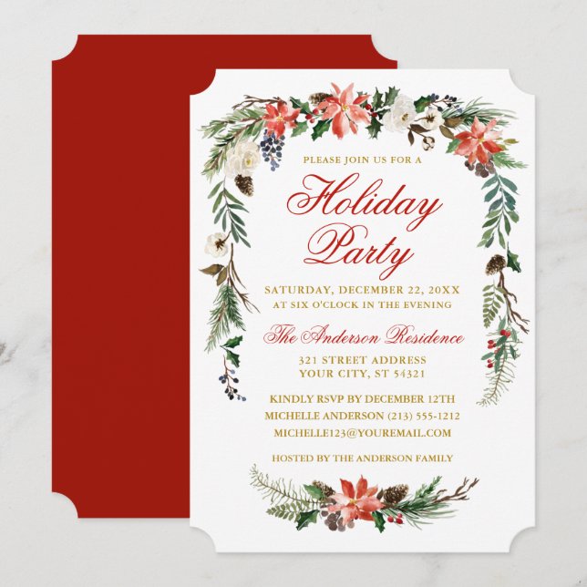 Watercolor Poinsettia Gold Red Holiday Party Einladung (Vorne/Hinten)