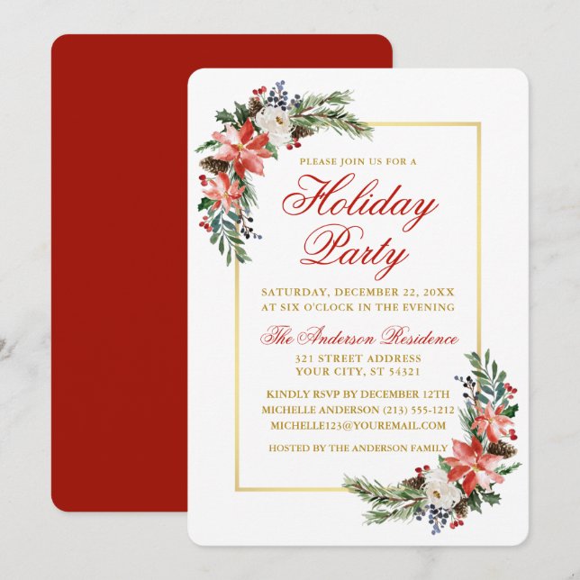 Watercolor Poinsettia Holiday Party Gold Rot Einladung (Vorne/Hinten)