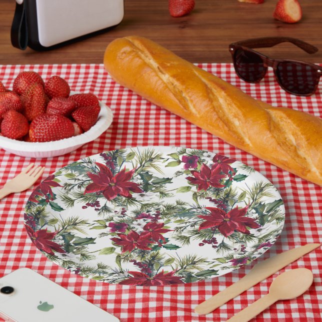 Watercolor Poinsettia Pattern  Pappteller (Picknick)