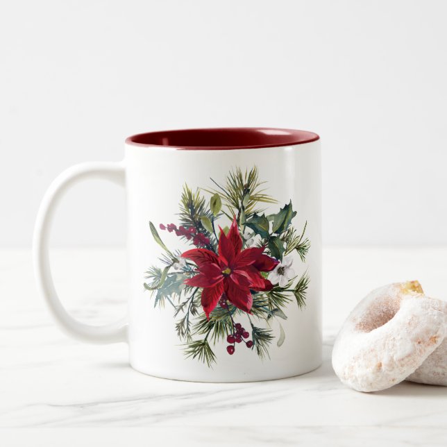 Watercolor Poinsettia Pattern  Zweifarbige Tasse (Mit Donut)