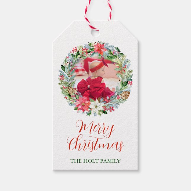 Watercolor Poinsettia Weihnachtskranz-Foto Geschenkanhänger (Vorderseite)