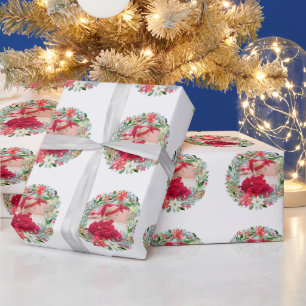 Watercolor Poinsettia Weihnachtskranz-Foto Geschenkpapier