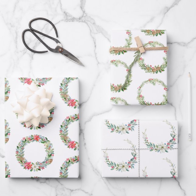 Watercolor Poinsettia Weihnachtskränze Geschenkpapier Set (Vorderseite)