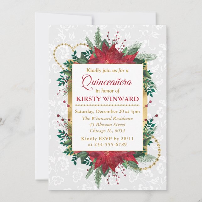 Watercolor Poinsettia Winter Christmas Quinceñera Einladung (Vorderseite)