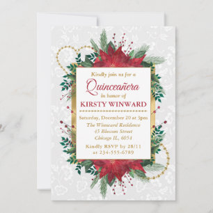 Watercolor Poinsettia Winter Christmas Quinceñera Einladung