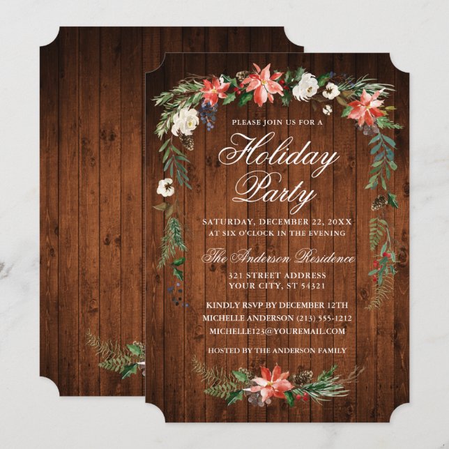 Watercolor Poinsettia Woliday Party Einladung (Vorne/Hinten)