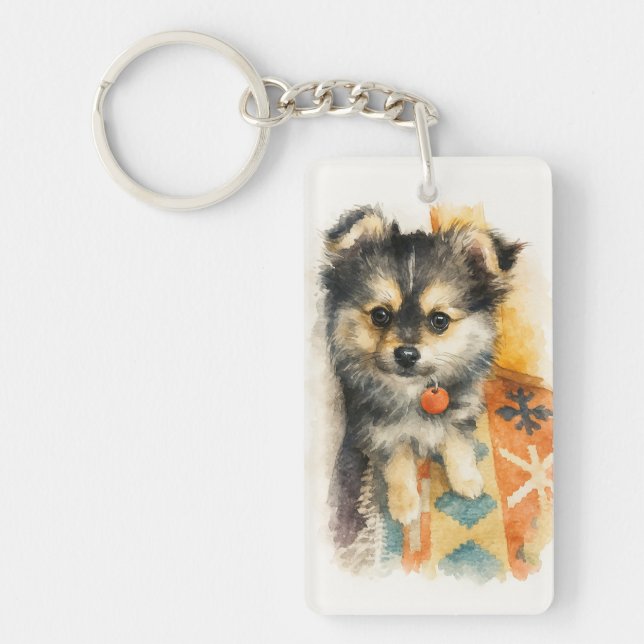 Watercolor Pomchi Puppy  Schlüsselanhänger (Vorderseite)