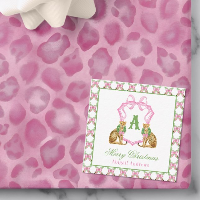 Watercolor Preppy Leopard Christmas Monogram Crest Mitteilungskarte (Von Creator hochgeladen)