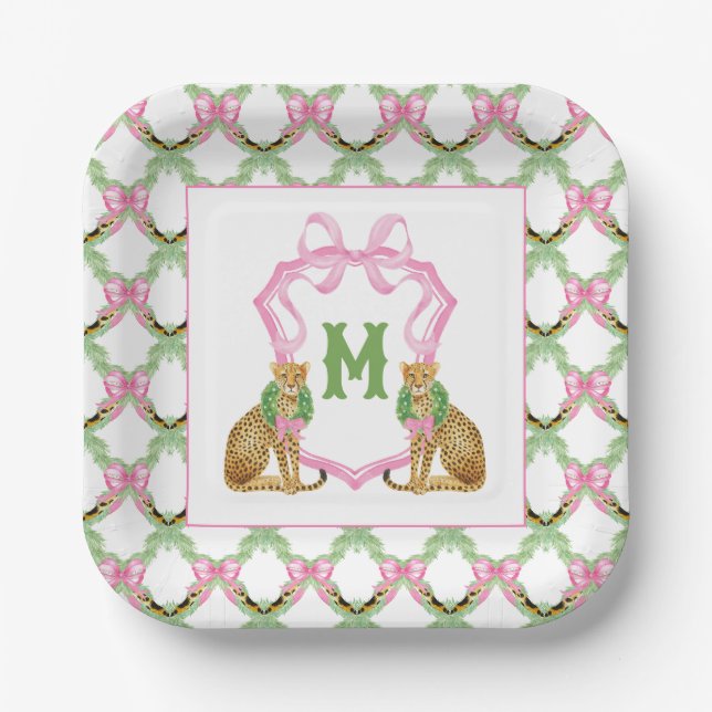 Watercolor Preppy Leopard Monogram Crest Pappteller (Vorderseite)