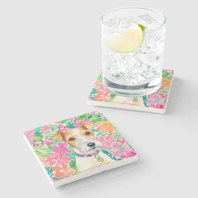 Watercolor Preppy Palm Beach Fox Terrier Dog Steinuntersetzer (Seitenansicht)