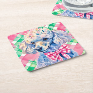 Watercolor Preppy Palm Beach Gingham Poodle Dog Rechteckiger Pappuntersetzer