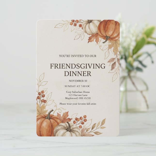 Watercolor Pumpkin Autumn Friendsgiving Dinner  Einladung (Stehend Vorderseite)