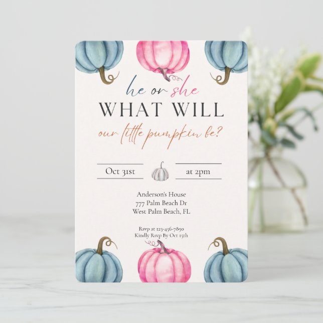 Watercolor Pumpkin Baby Gender Reveal Fall Einladung (Stehend Vorderseite)