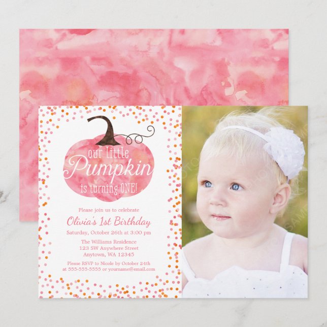 Watercolor Pumpkin Confetti Girl Einladung (Vorne/Hinten)