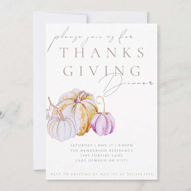 Watercolor Pumpkin Thanksgiving Dinner Invitation (Devant)