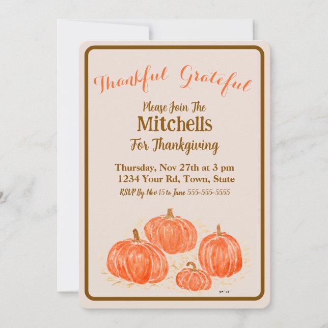 Watercolor Pumpkins Thankful Grateful  Einladung (Vorderseite)