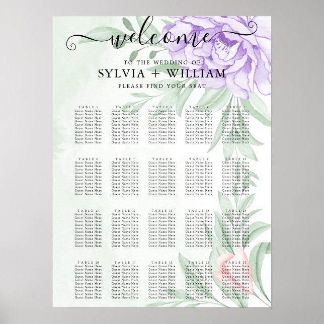Watercolor Purple Blooms Bouquet Wedding Seating Poster (Vorne)