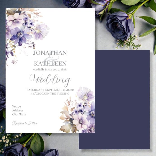 Watercolor Purple & Blue Floral Wedding Invitation (Créateur téléchargé)