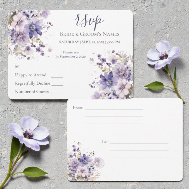 Watercolor Purple & Blue Floral Wedding RSVP Einladung (Von Creator hochgeladen)