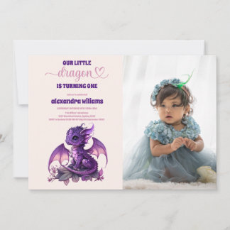 Watercolor Purple Dragon 1st Birthday Photo Einladung