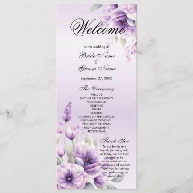 Watercolor Purple Floral Wedding Programme (Devant)