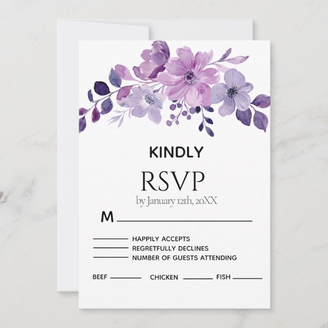 Watercolor purple flower bouquet RSVP card (Vorderseite)