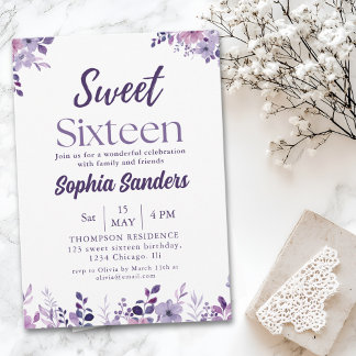 Watercolor Purple Flowers Sweet Sixteen Einladung