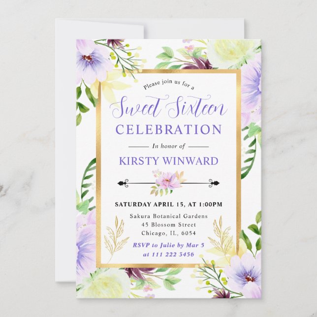 Watercolor Purple Summer Flowers Sweet 16 Einladung (Vorderseite)