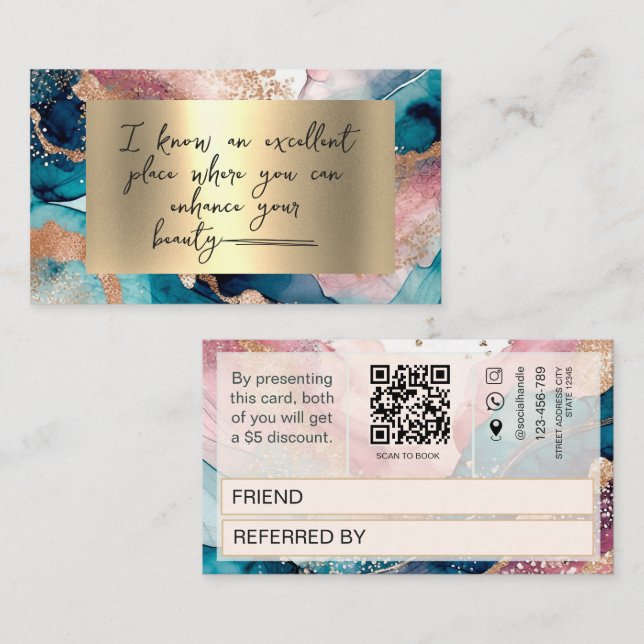 Watercolor Qr Code faux gold Blush Referral Card Treuekarte (Vorne/Hinten)