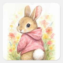 Watercolor Rabbit in a Pink Hoodie Quadratischer Aufkleber