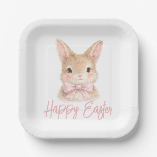 Watercolor Rabbit with Pink Bow| Cute Easter Bunny Pappteller (Vorderseite)