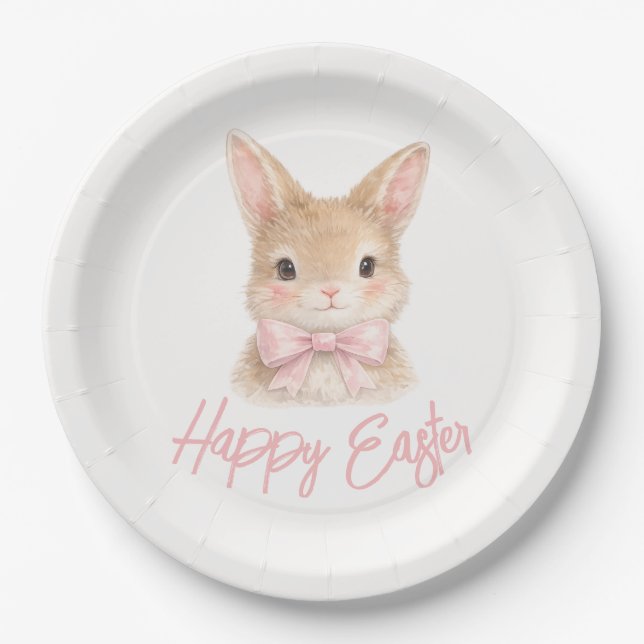 Watercolor Rabbit with Pink Bow| Cute Easter Bunny Pappteller (Vorderseite)