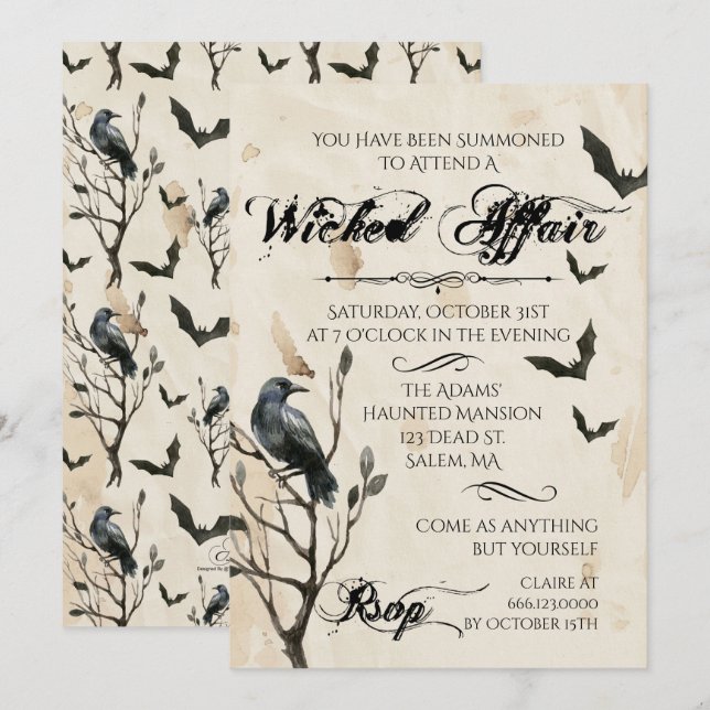 Watercolor-Rabe u. Schläger-Halloween-Party Einladung (Vorne/Hinten)