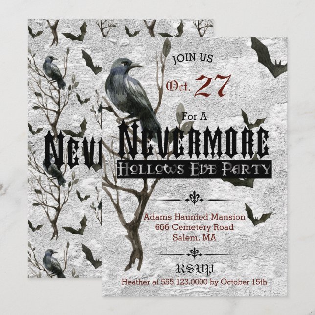 Watercolor-Raben-Nevermore Halloween-Party Einladung (Vorne/Hinten)